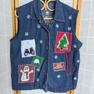 Northcrest Blue Denim Vest with Festive Patches